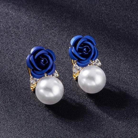 Gold w/Blue Rose & Faux Pearl Lever Back Earrings - Picture 3 of 8